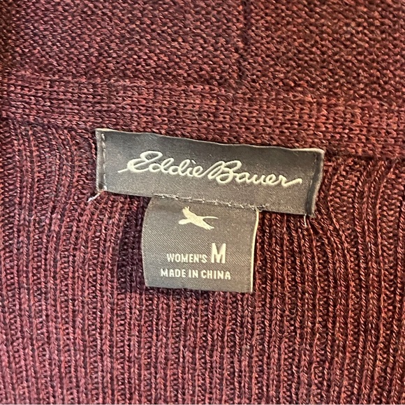 Eddie Bauer Cardigan Sweater Womens Maroon Ribbed Merino Wool Waterfall Open M - Picture 6 of 7
